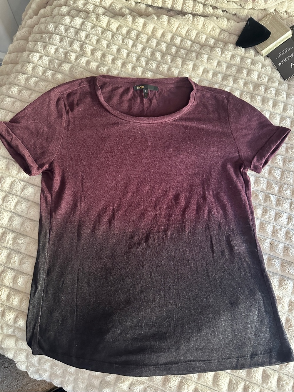 Maje Burgundy Wax dipped Ombre Short Cuffed Sleeve Tee size 1 Small